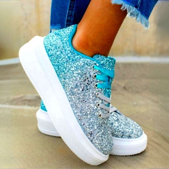 Southern fried chics turquoise silver ombre glitter platform sneakers 10 NWOB - Picture 1 of 17